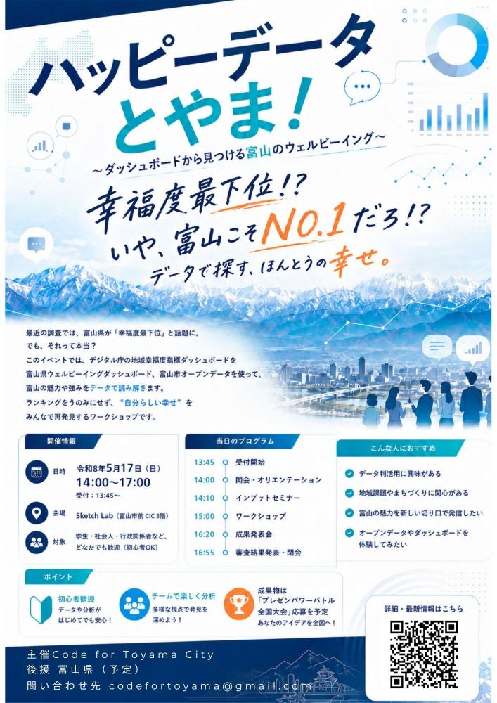 【参加者募集】ハッピーデータとやま！～ダッシュボードから見つける富山のウェルビーイング～